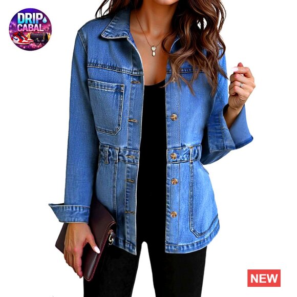 Distressed Denim Jacket Oversized Shacket Button Down with Pockets Women's